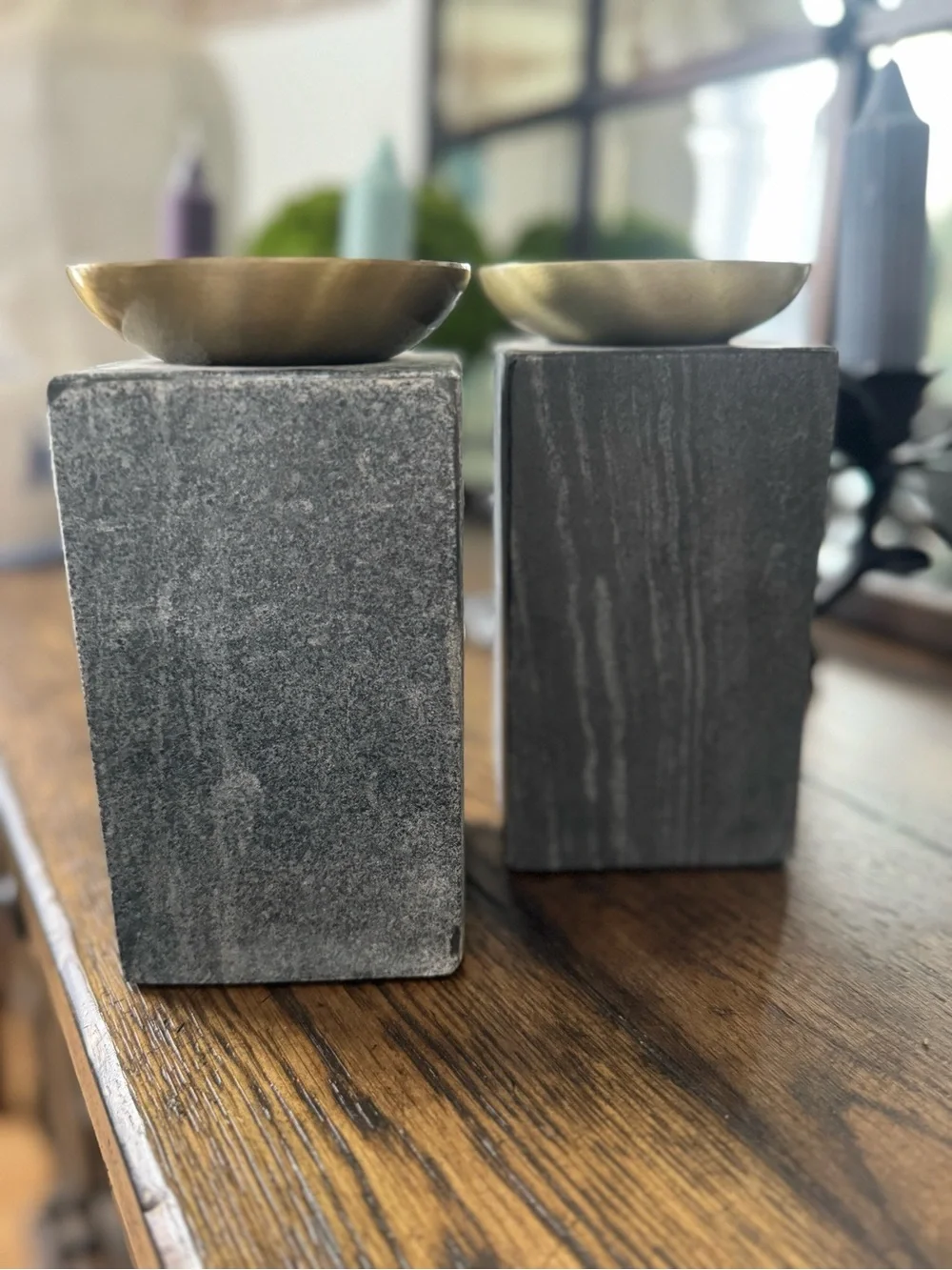 Crate &Barrel ~ 1/ Sain Marble Pillar Candle Holder 7”